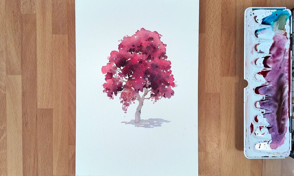 red tree watercolor